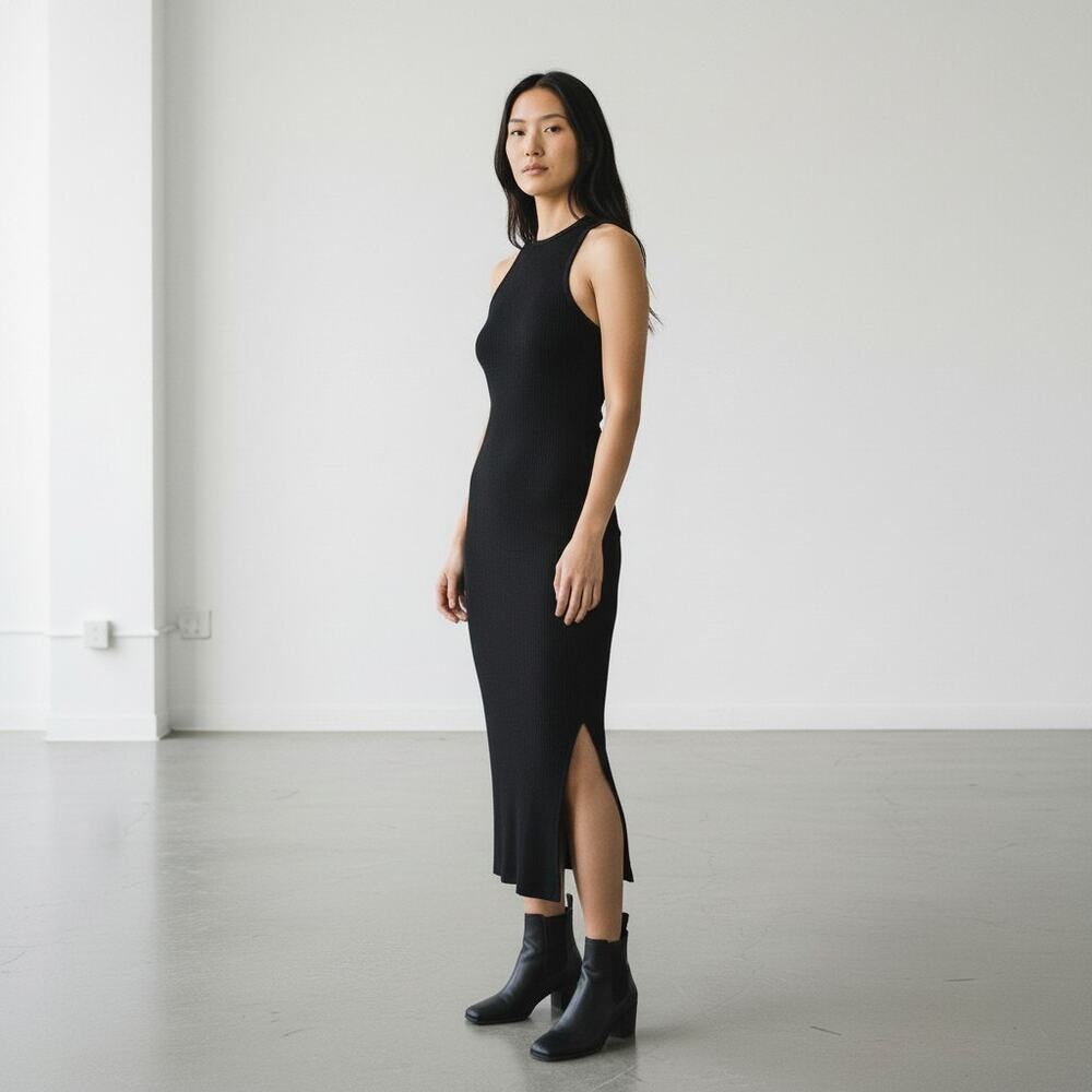 Stradivarius Women Black Ribbed Sleeveless Tank Dress Size S
